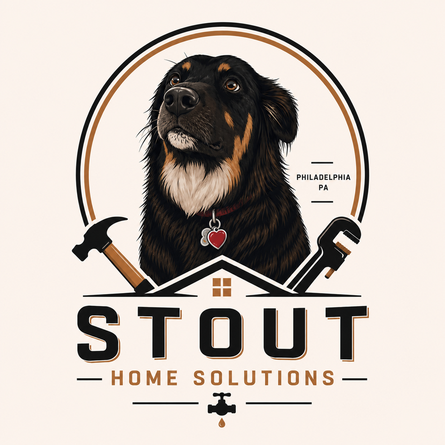Stout Home Solutions logo featuring a dog mascot, hammer, and pipe wrench
